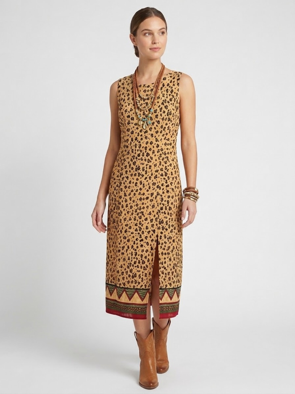 Vintage 90s Kathie Lee collection leopard print midi dress M P2P 18” L48” C/O